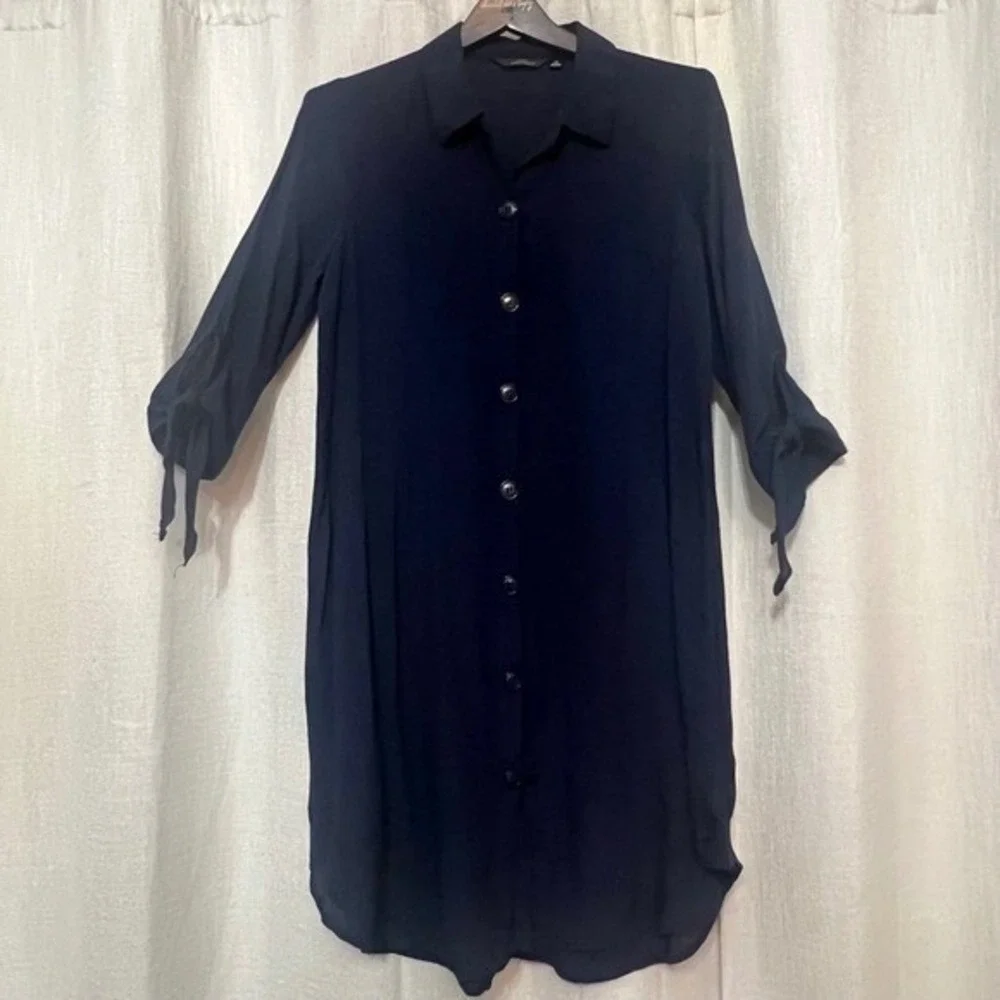 Mlle Gabrielle Women's Navy Blue‎ Button Down Dress Shirt Dress Tie Sleeve Sz PM